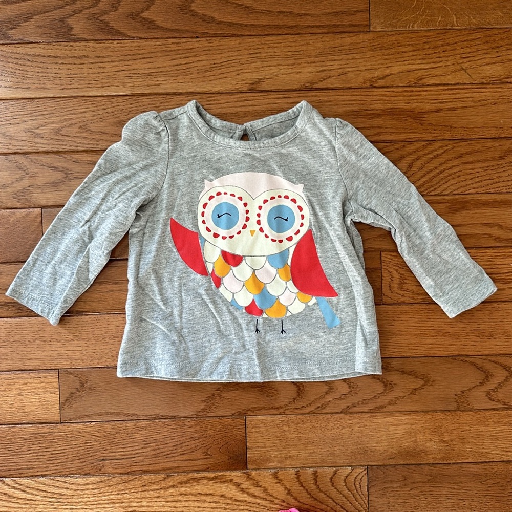 🦉 BABY GAP girls long sleeved shirt gray 6-12 months baby owl EUC